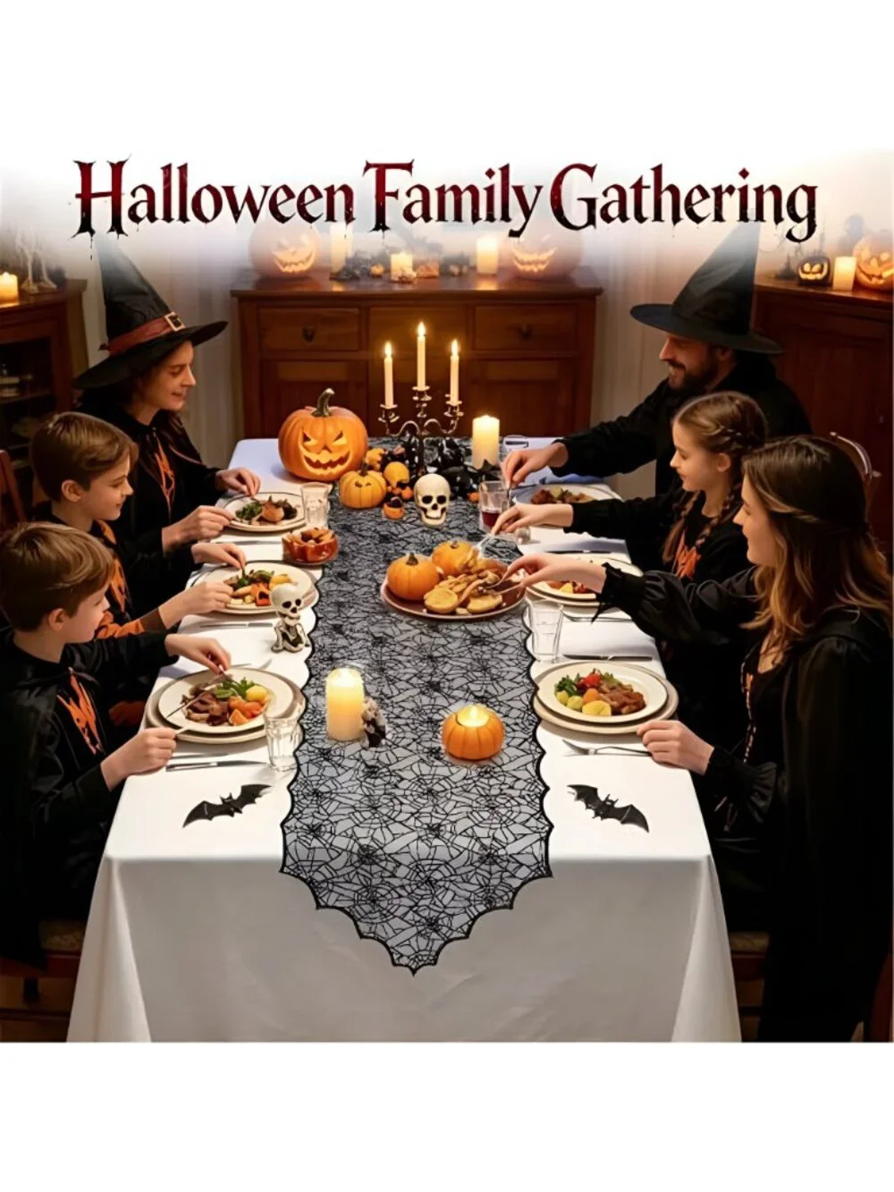 18 x 72 Inch Halloween Table Runner - 2 Pcs Black Lace Runner with Spider Web